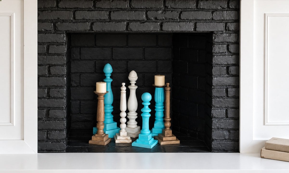 DIY candlesticks in a black fireplace