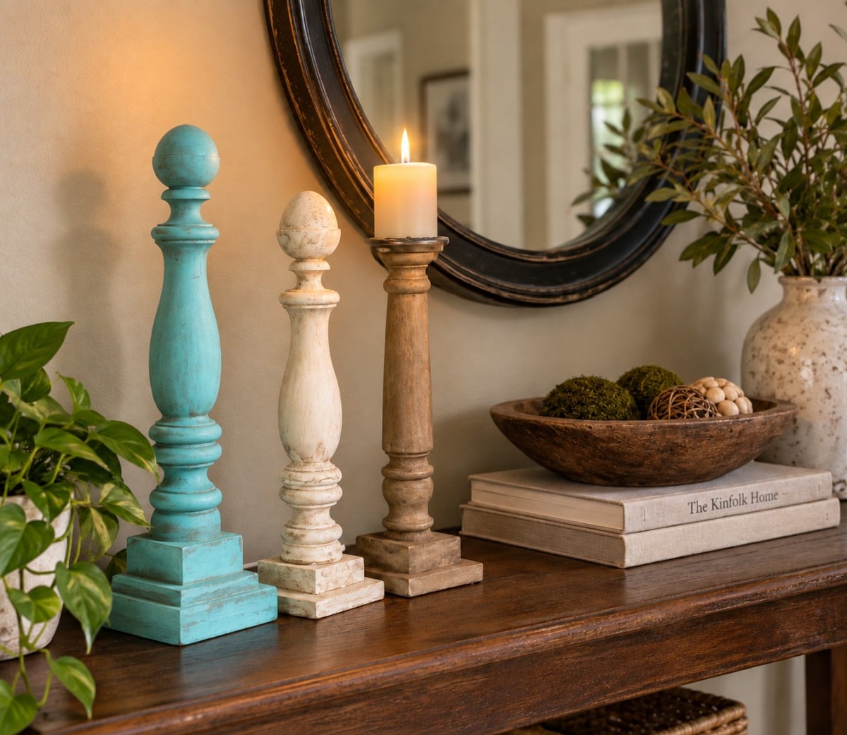 DIY spindle candlesticks on a hall table