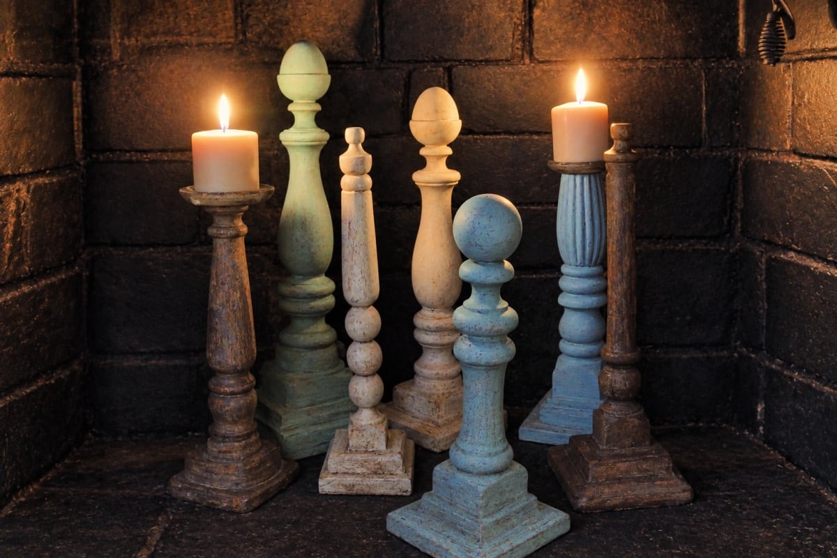 a variety of DIY candlesticks made from spindles