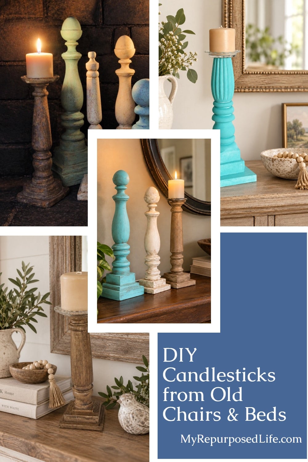 How to make fun and creative finials and wooden diy candlesticks out of old beds, chairs and more! #MyRepurposedLife #spindles #candlesticks #diy #project #easy via @repurposedlife