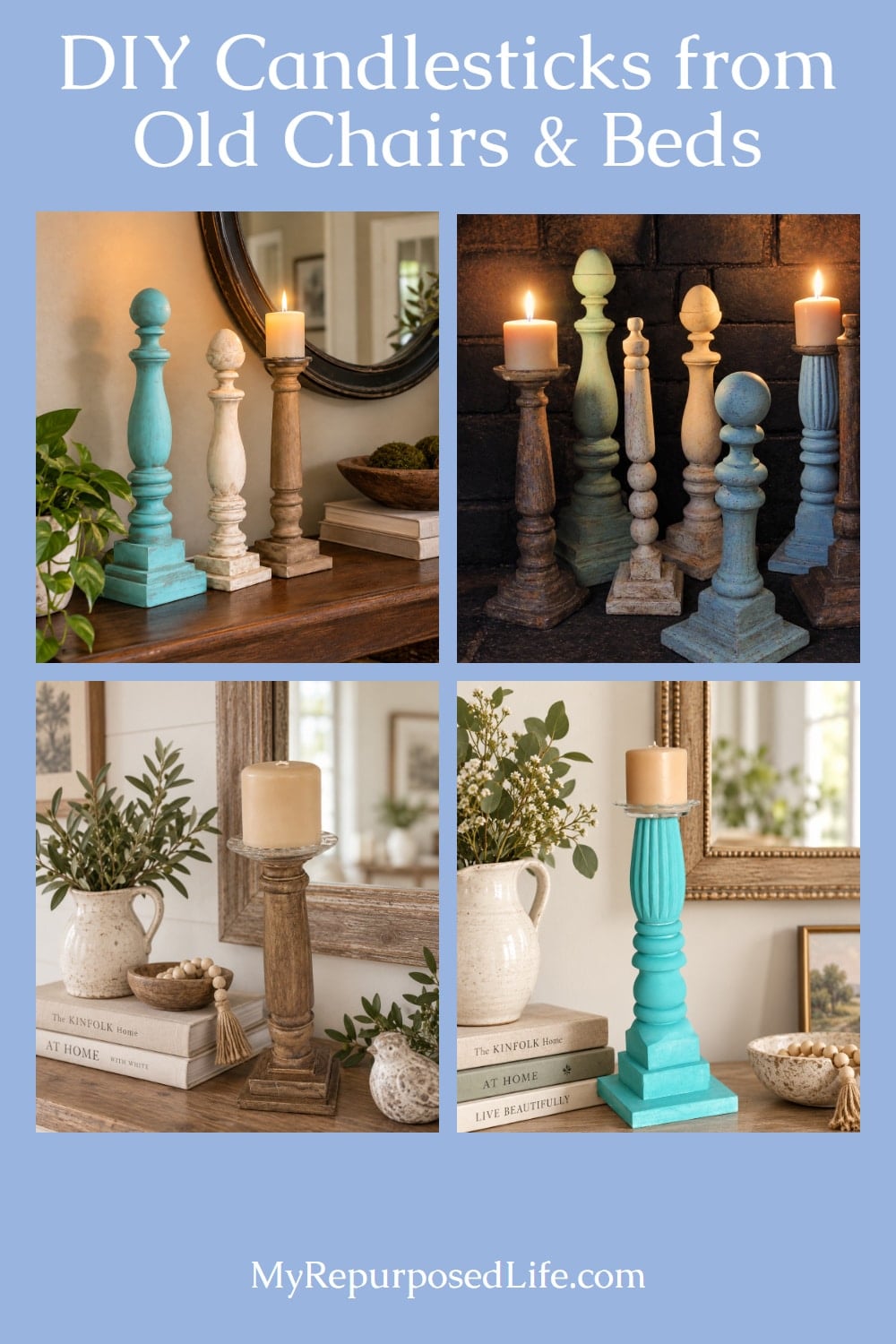 How to make fun and creative finials and wooden diy candlesticks out of old beds, chairs and more! #MyRepurposedLife #spindles #candlesticks #diy #project #easy via @repurposedlife