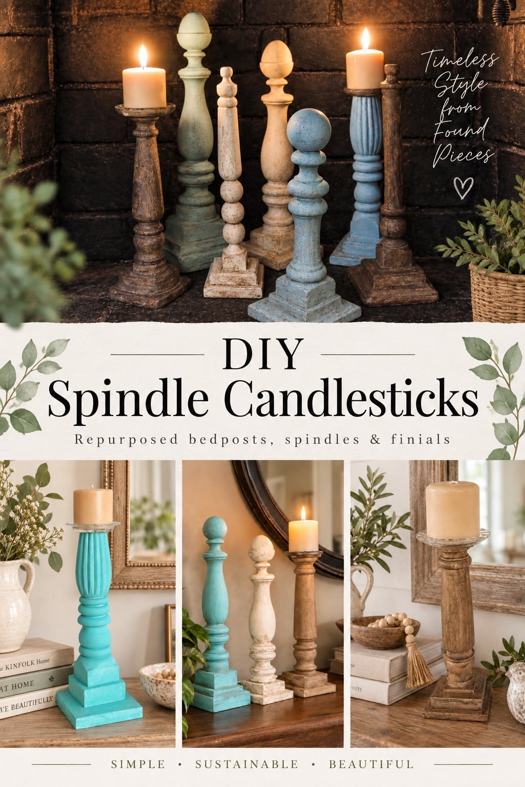 How to make fun and creative finials and wooden diy candlesticks out of old beds, chairs and more! #MyRepurposedLife #spindles #candlesticks #diy #project #easy via @repurposedlife