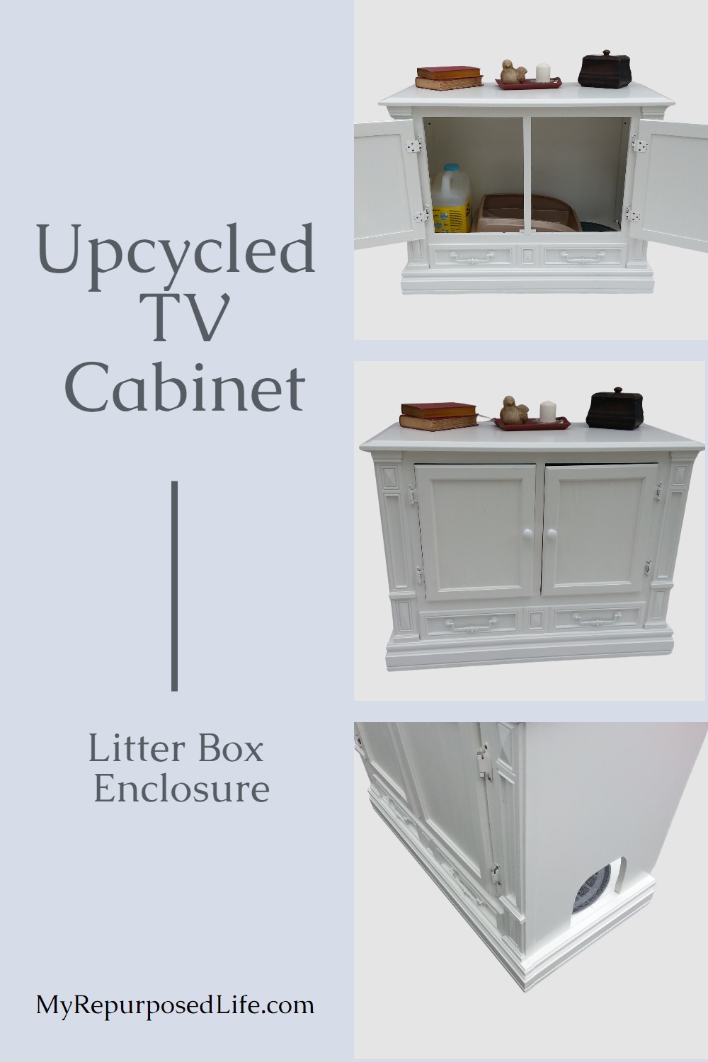 How to repurpose an old TV cabinet into litter box furniture. The perfect way to disguise that unsightly litter box. via @repurposedlife