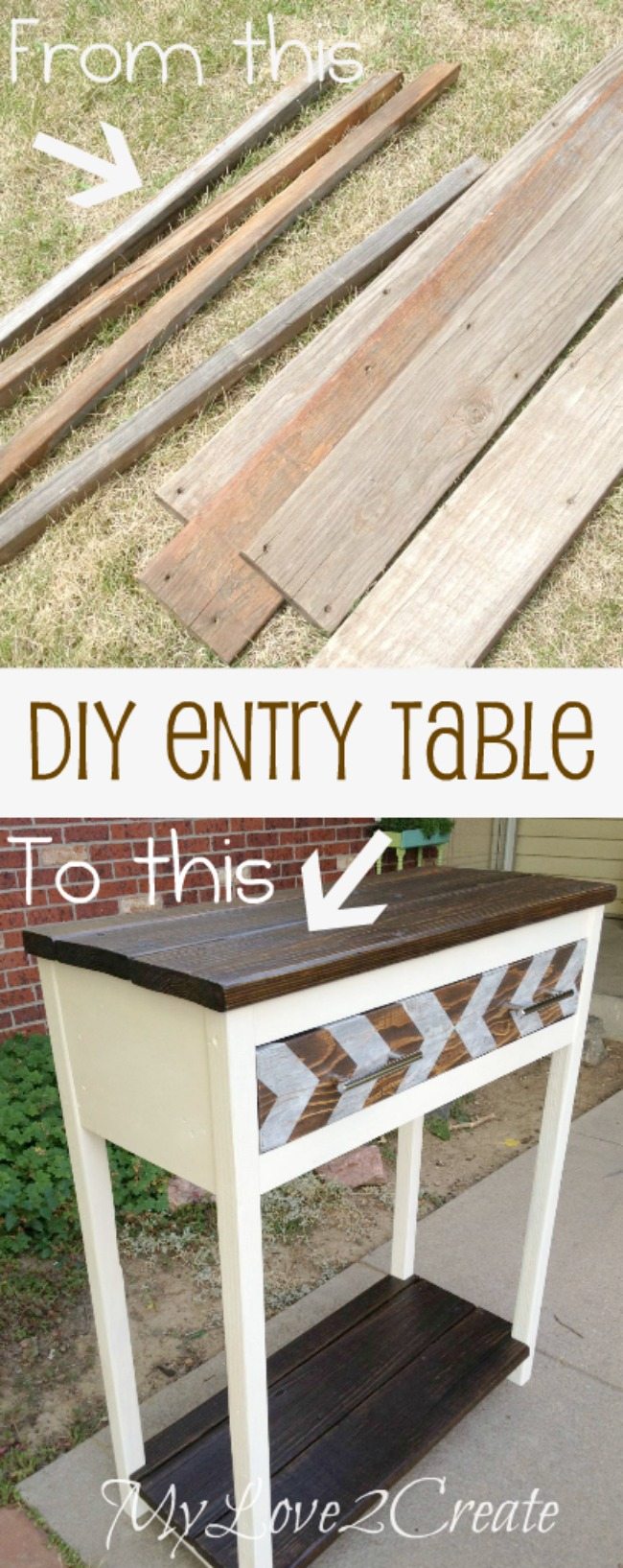 Entry Table made with old deck and scrap wood, before and after