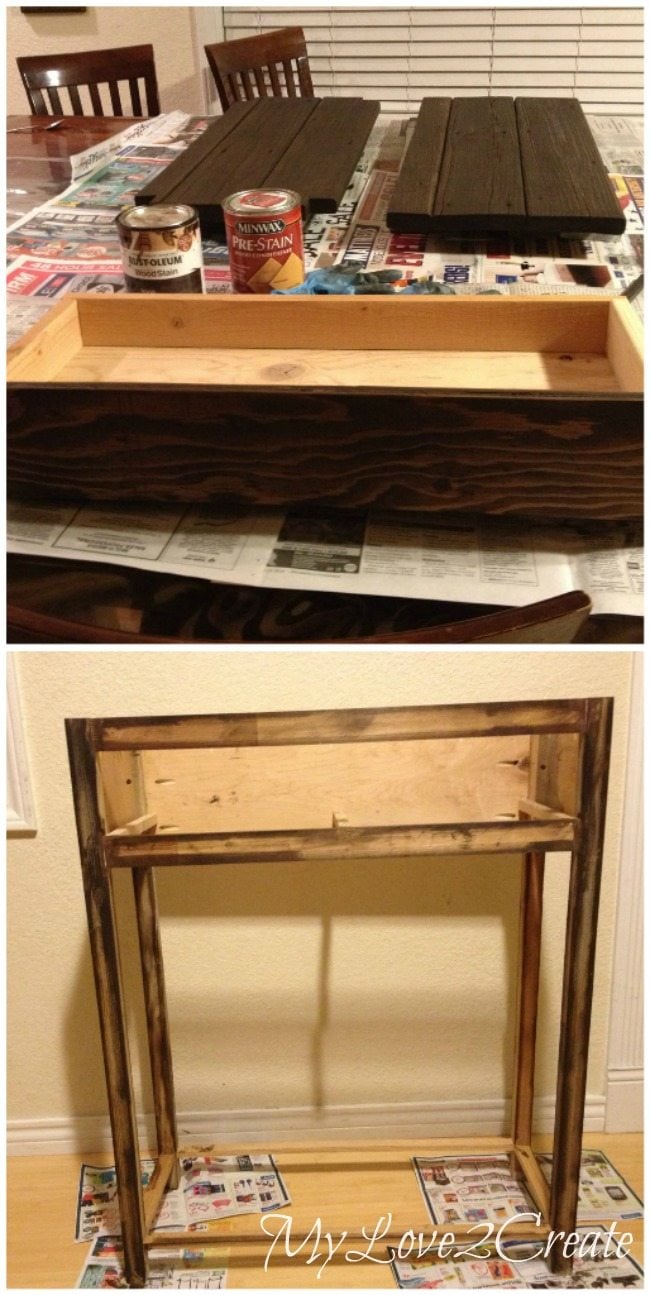 Staining top, bottom shelf, and drawer front of entry table