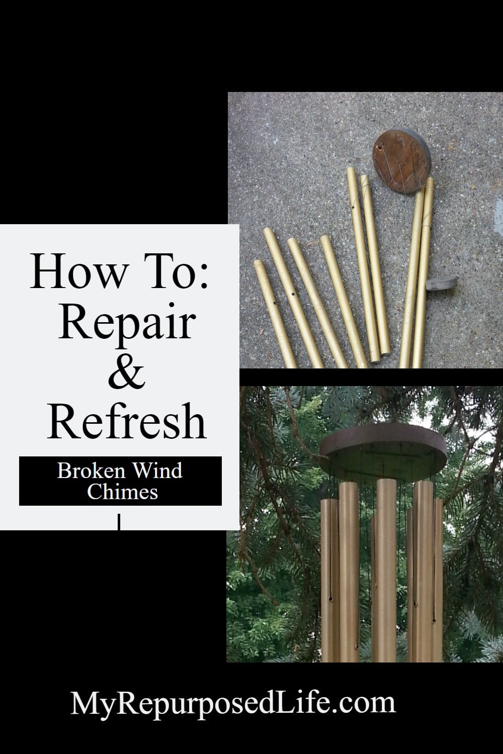 How to repair, refresh, restring a broken wind chime. Tips for the best string, paint and stain to use to save that old wind chime. #MyRepurposedLife #broken #windchime #makeover #spraypaint #stain #minwax #krylon via @repurposedlife