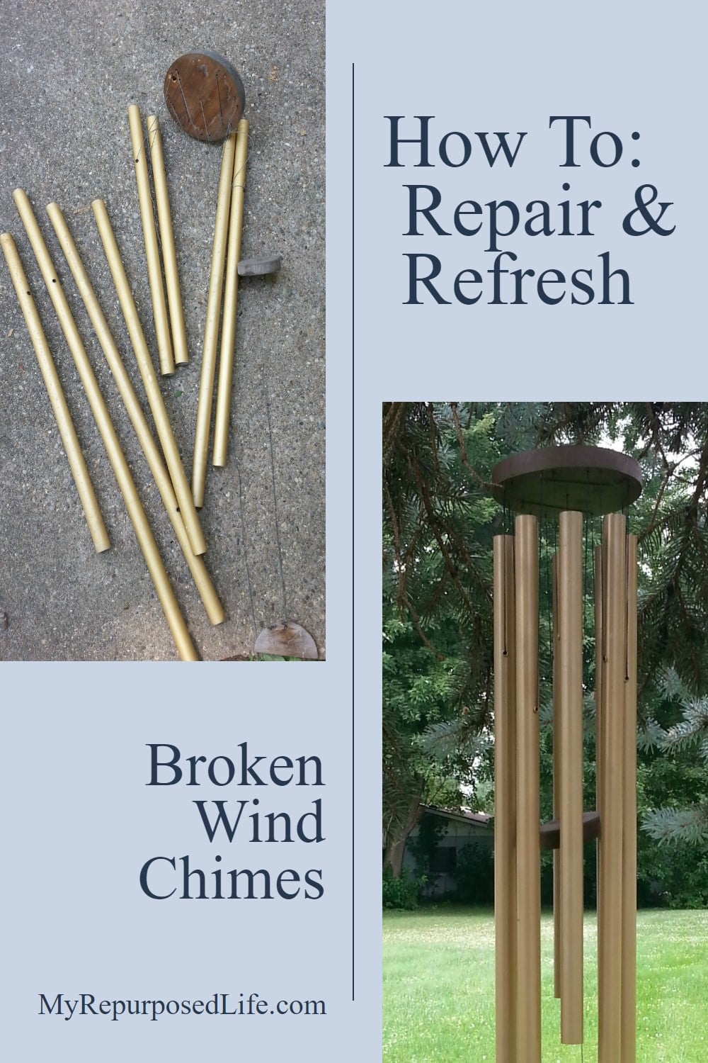 How to repair, refresh, restring a broken wind chime. Tips for the best string, paint and stain to use to save that old wind chime. #MyRepurposedLife #broken #windchime #makeover #spraypaint #stain #minwax #krylon via @repurposedlife