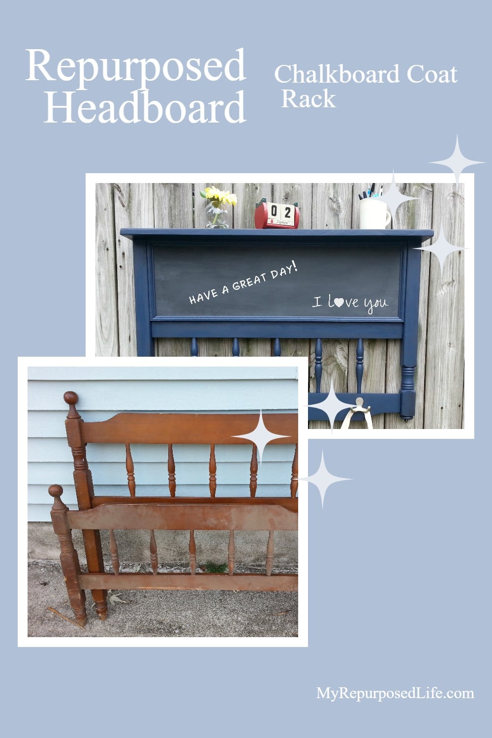 My Repurposed Life shows you how to make the repurposed headboard chalkboard coat rack. This handy and unique project will keep your busy family organized. #MyRepurposedLife #repurposed #headboard #chalkboard #coatrack via @repurposedlife
