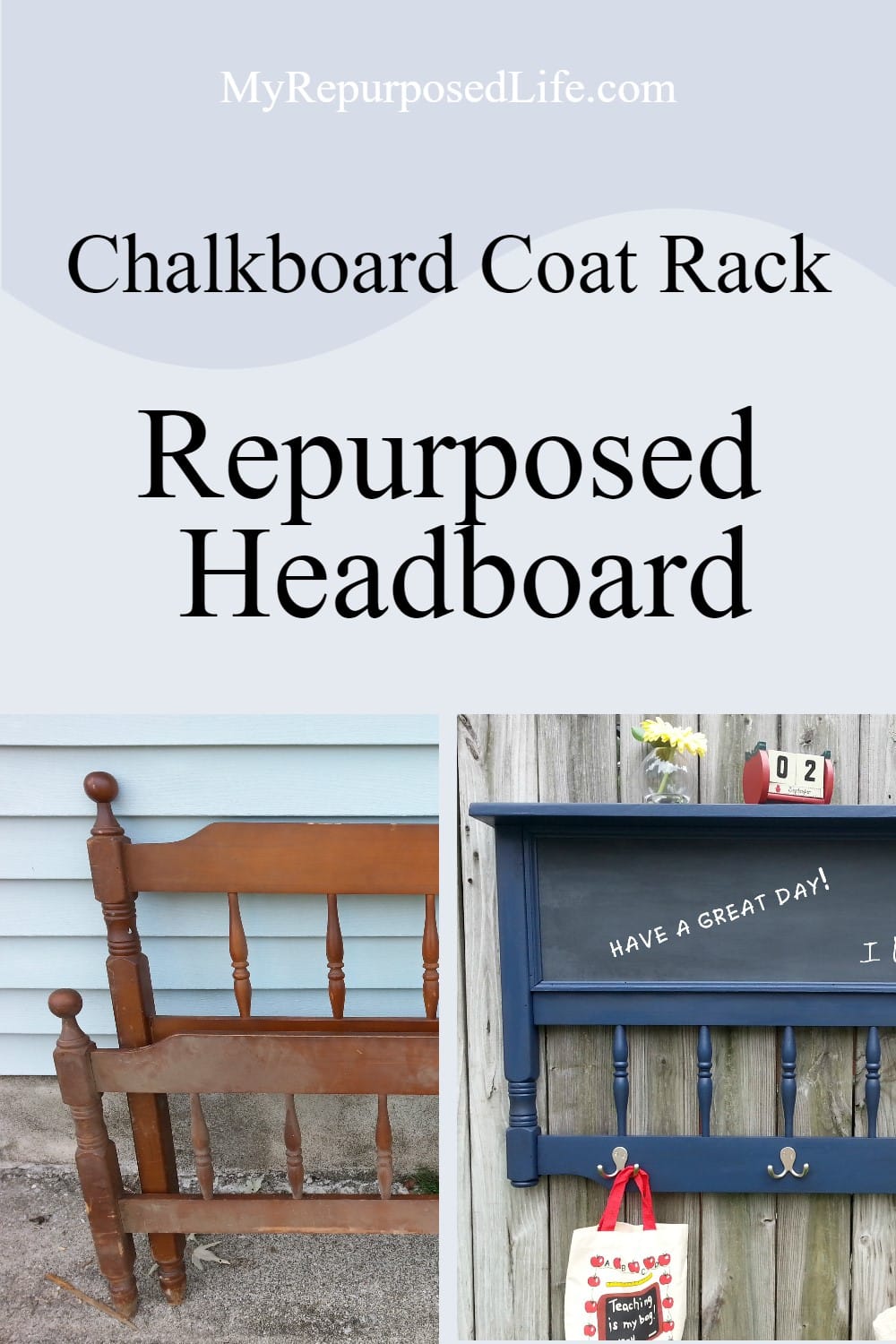 My Repurposed Life shows you how to make the repurposed headboard chalkboard coat rack. This handy and unique project will keep your busy family organized. #MyRepurposedLife #repurposed #headboard #chalkboard #coatrack via @repurposedlife