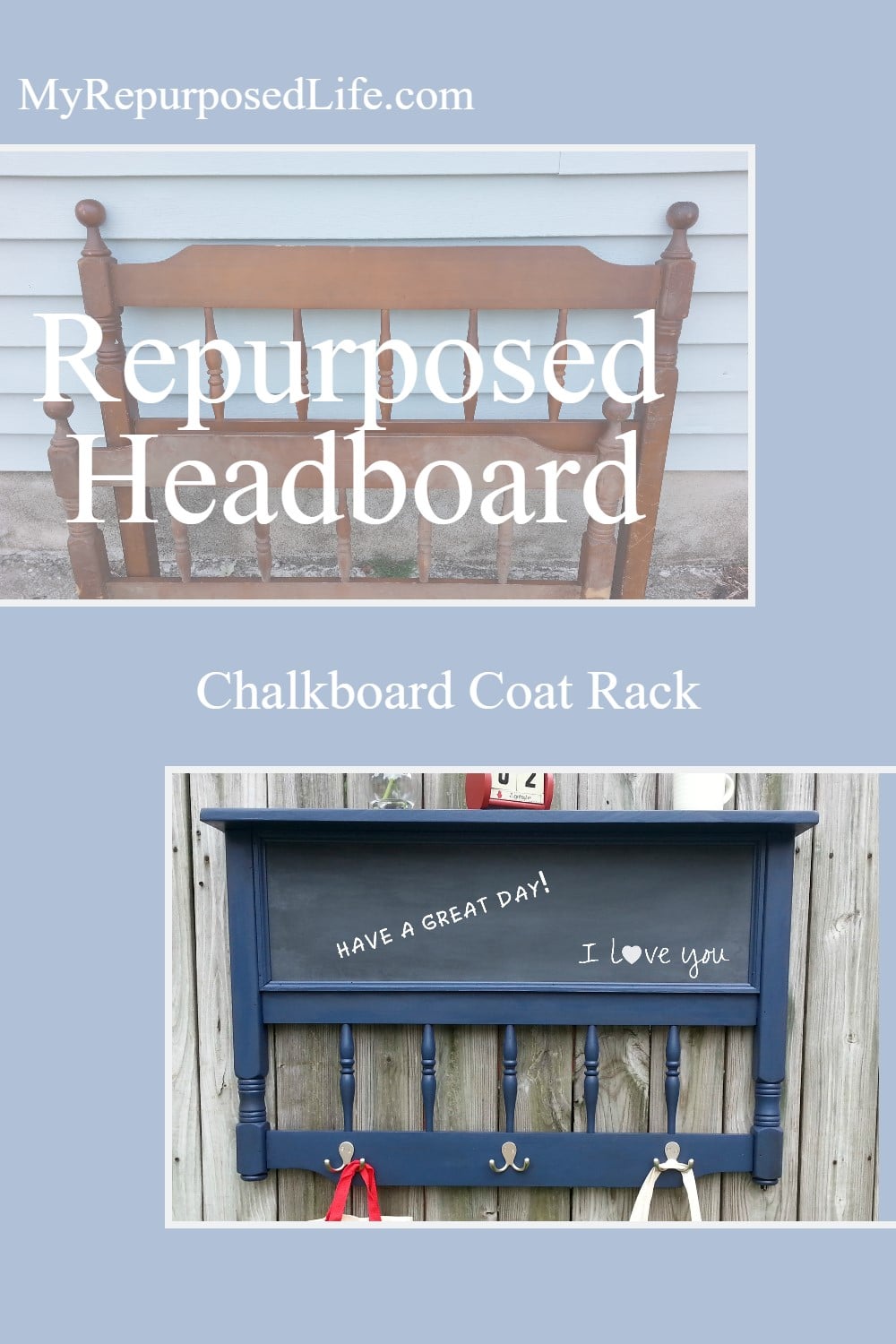 My Repurposed Life shows you how to make the repurposed headboard chalkboard coat rack. This handy and unique project will keep your busy family organized. #MyRepurposedLife #repurposed #headboard #chalkboard #coatrack via @repurposedlife
