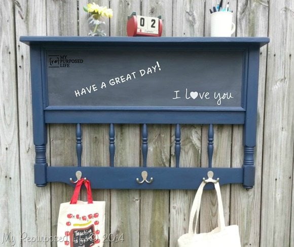 repurposed headboard chalkboard coat rack shelf