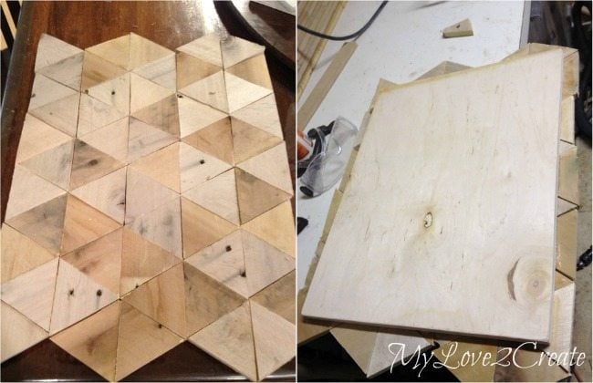 Triangle pallet pieces glued to plywood to make a pattern
