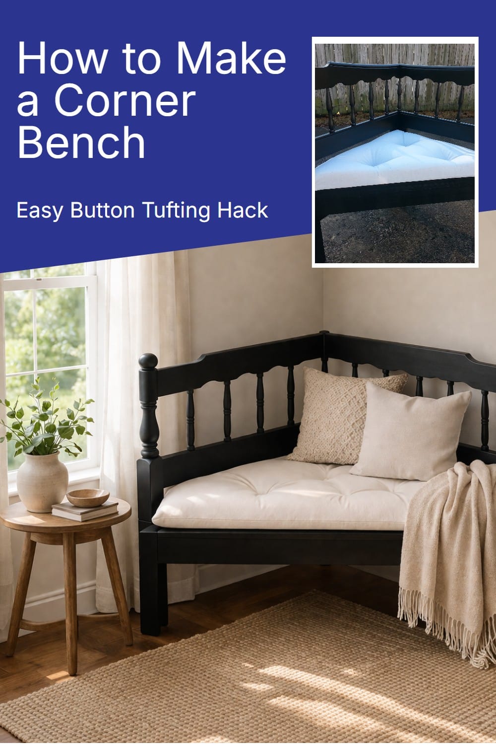 easy button tufting hack on a DIY headboard corner bench