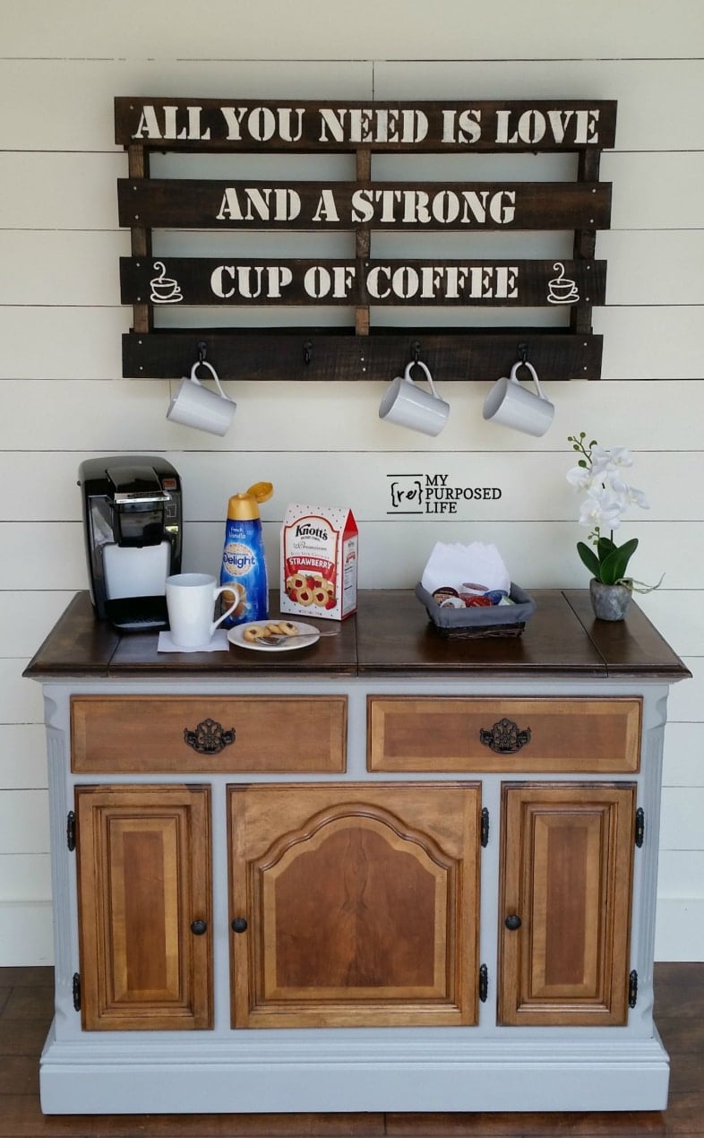 coffee station with a pallet coffee cup rack on the wall