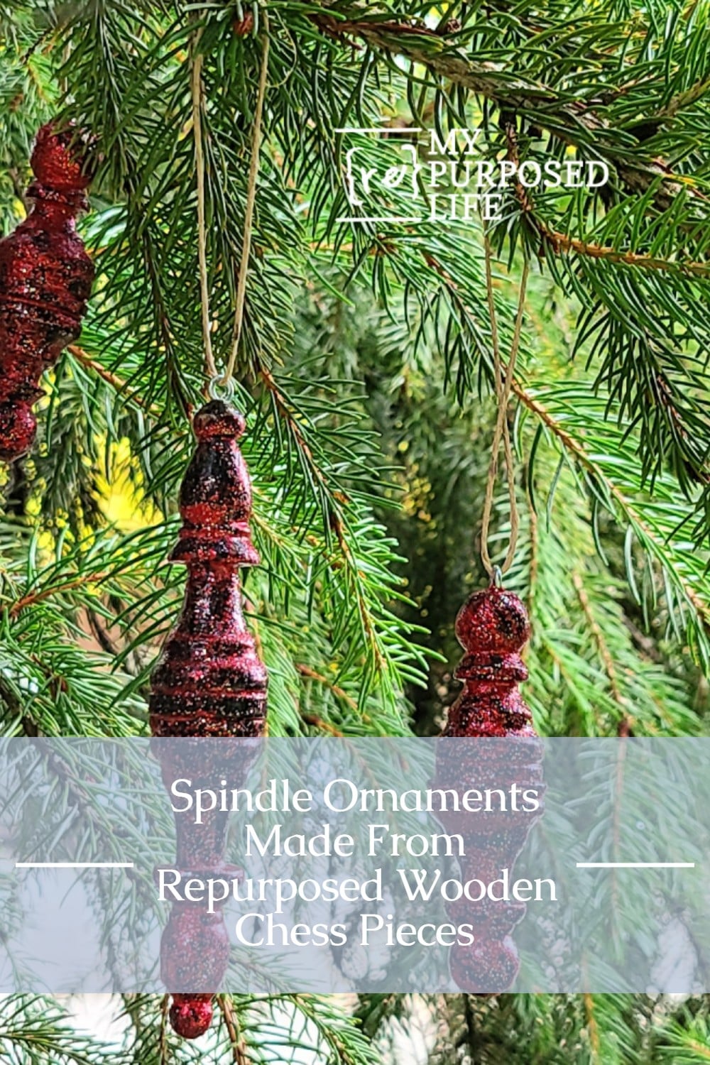 red glitter spindle ornaments made from chess pieces