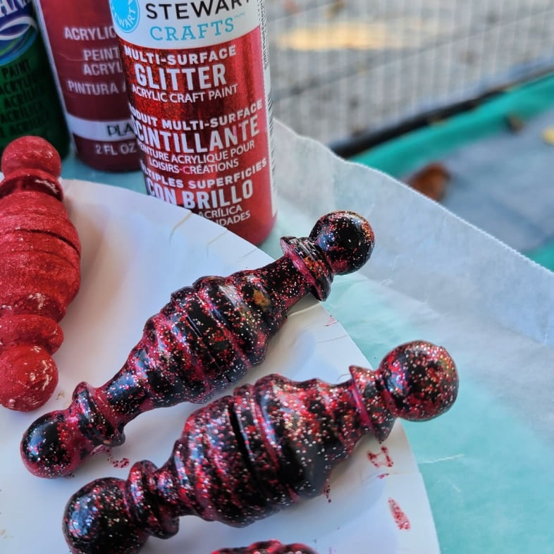 red glitter spindle ornaments