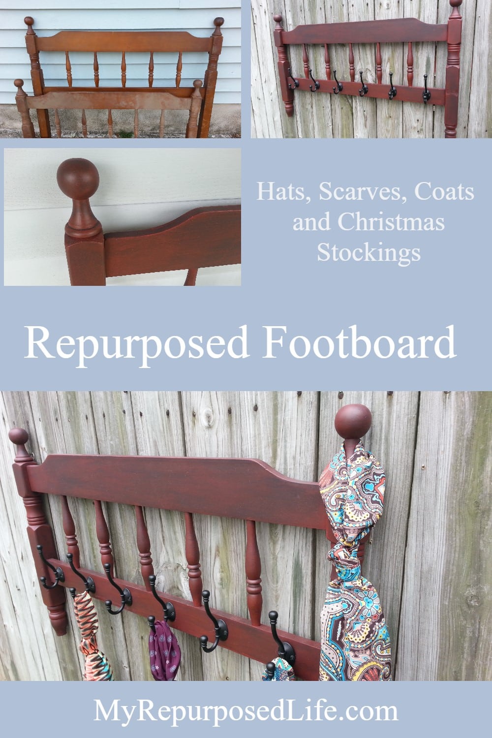 A red headboard coat rack is perfect for every day, and can even be used at Christmas to hold the family stockings. Easy Repurpose! #MyRepurposedLife #repurposed #headboard #coatrack #stocking #holder via @repurposedlife