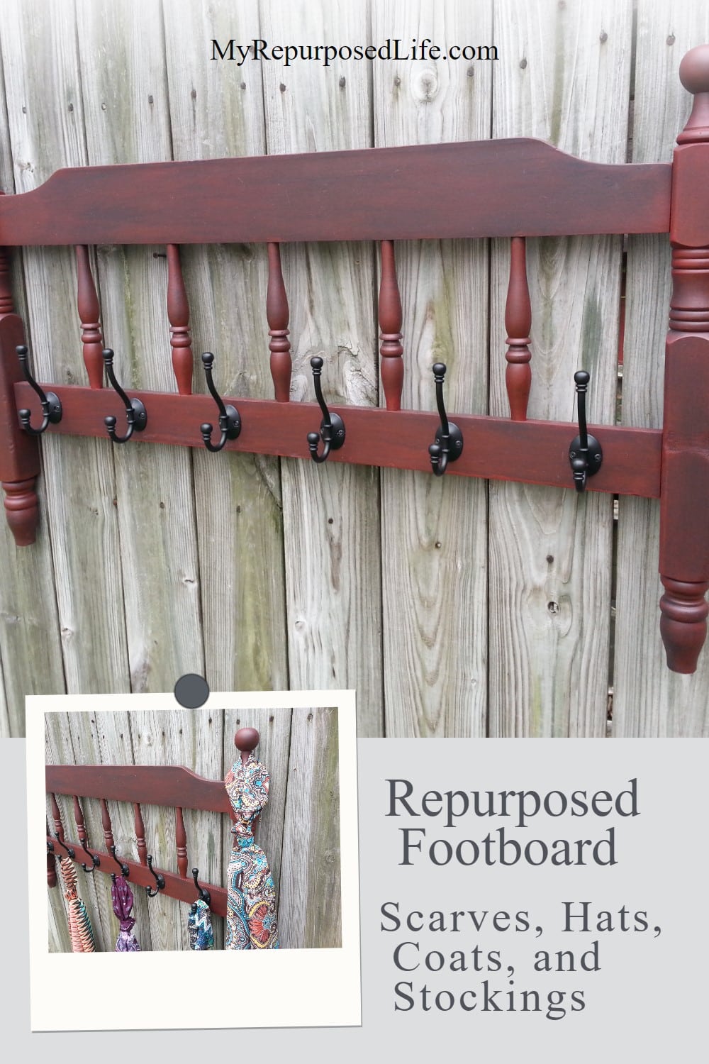 A red headboard coat rack is perfect for every day, and can even be used at Christmas to hold the family stockings. Easy Repurpose! #MyRepurposedLife #repurposed #headboard #coatrack #stocking #holder via @repurposedlife