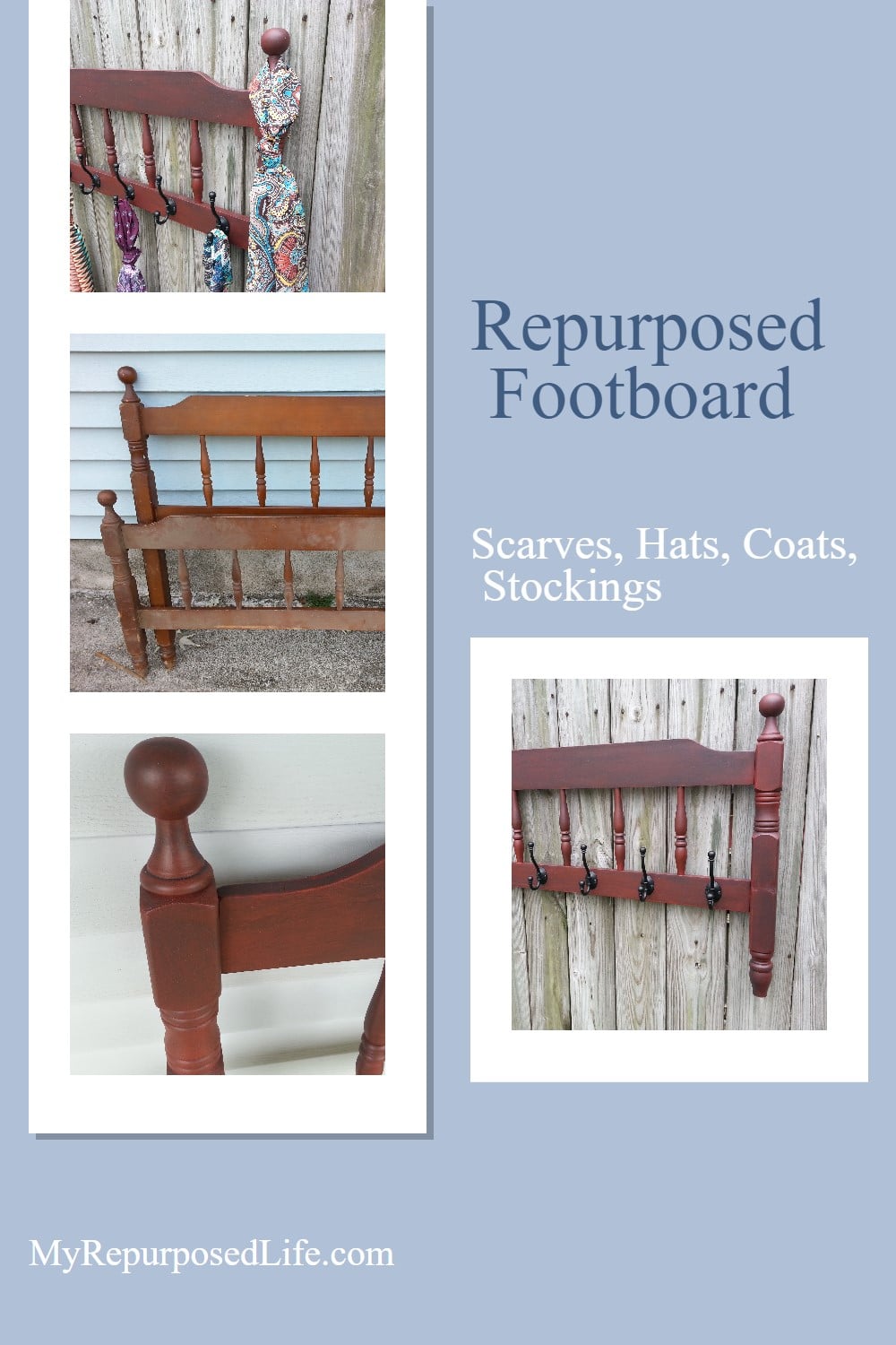 A red headboard coat rack is perfect for every day, and can even be used at Christmas to hold the family stockings. Easy Repurpose! #MyRepurposedLife #repurposed #headboard #coatrack #stocking #holder via @repurposedlife