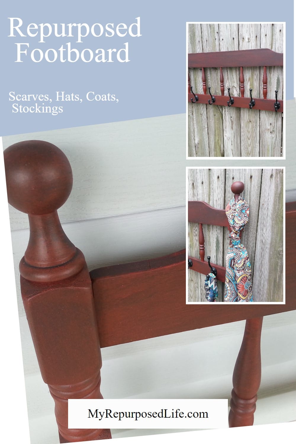 A red headboard coat rack is perfect for every day, and can even be used at Christmas to hold the family stockings. Easy Repurpose! #MyRepurposedLife #repurposed #headboard #coatrack #stocking #holder via @repurposedlife