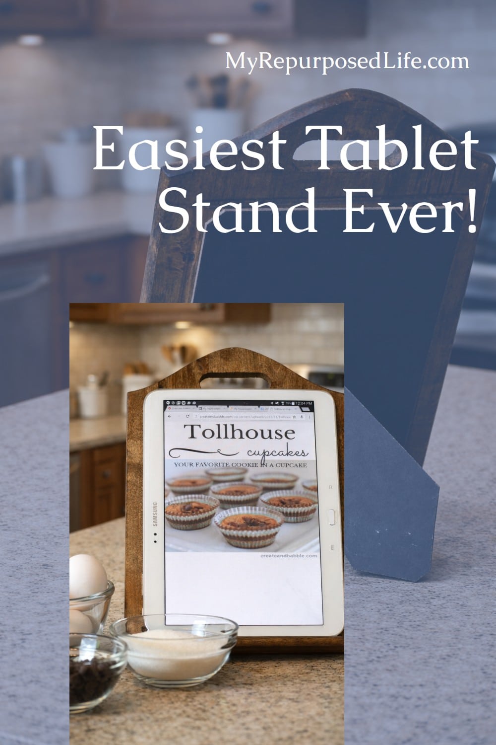 Easy iPad or Tablet Stand, doubles as a cookbook holder! No special tools required, so easy your kids could make it for you! Easy AND frugal, it doesn't get any better than this. #MyRepurposedLife #iPad #stand #tablet #diy #easy #project via @repurposedlife