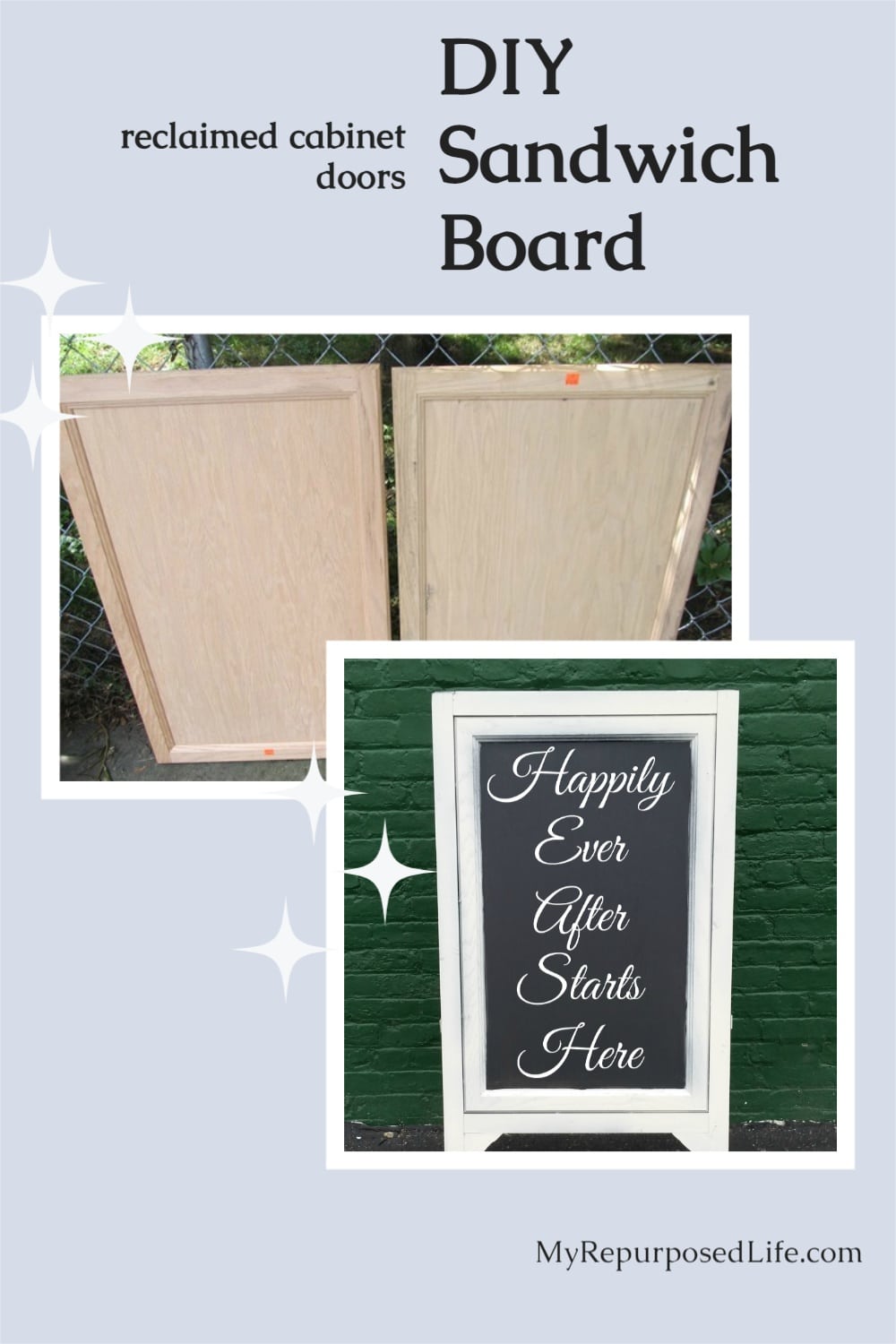 How to make a DIY chalkboard easel using 2 large cabinet doors and some scrap wood. Perfect for cafe, wedding or the kids! Step by step directions. #MyRepurposedLife #Repurposed #cabinet #doors #chalkboard #easel via @repurposedlife