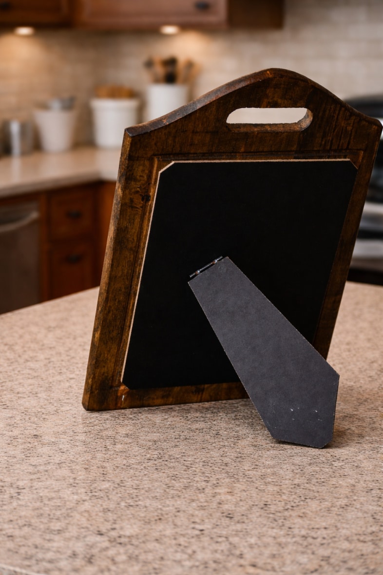 picture frame easel on the back of a cutting board
