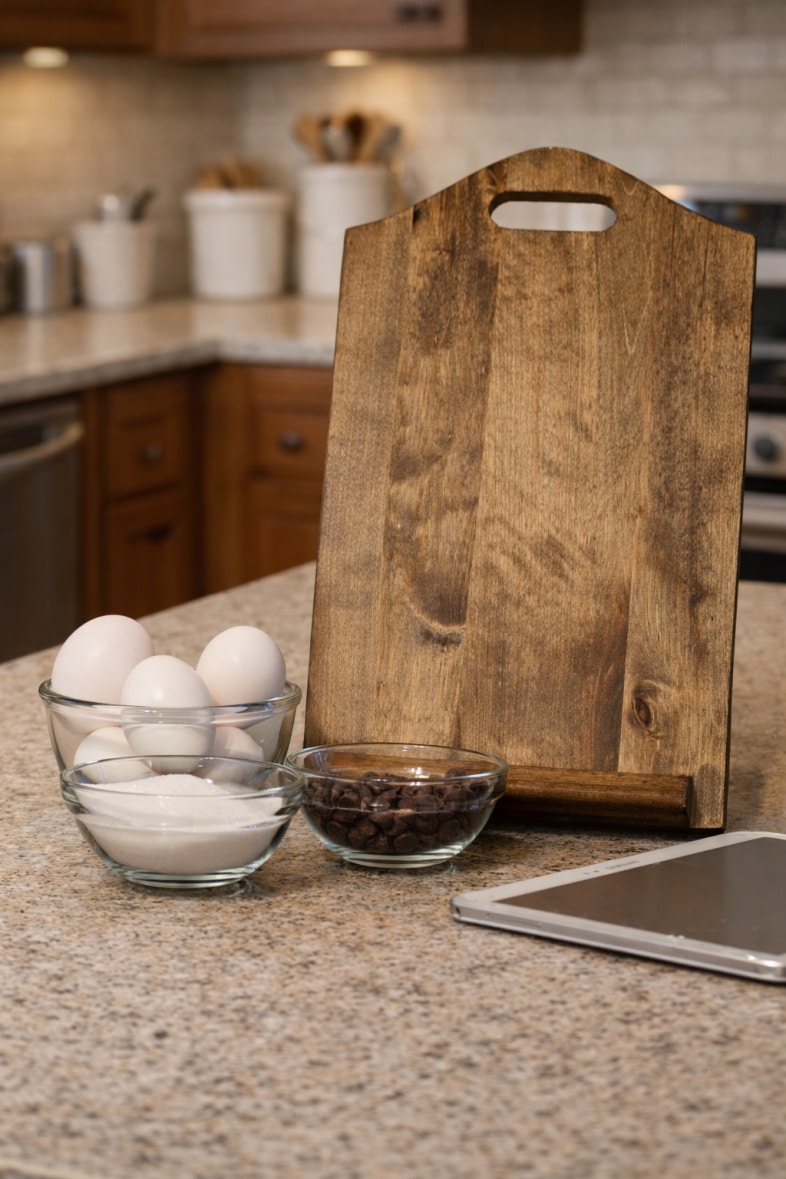 tablet stand made from a cutting board used in the kitchen for recipes streaming and more