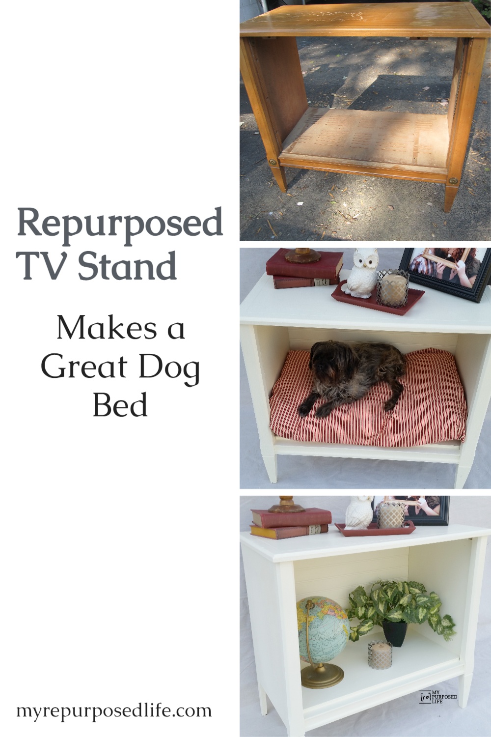 A Repurposed tv stand is transformed into a great cabinet, side table, and can even be used as a dog bed. This is a great weekend project for you to do. #MyRepurposedLife #repurpose #upcycle #tvstand #diy #dogbed via @repurposedlife