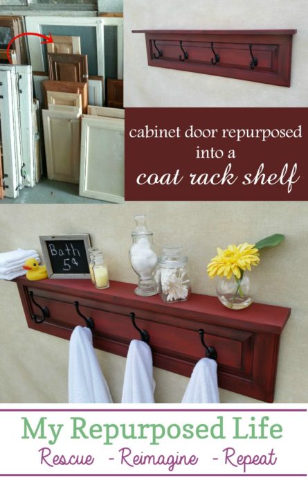 cabinet door repurposed into a coat rack shelf
