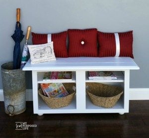 White Entryway Bench made from Kitchen Cabinet