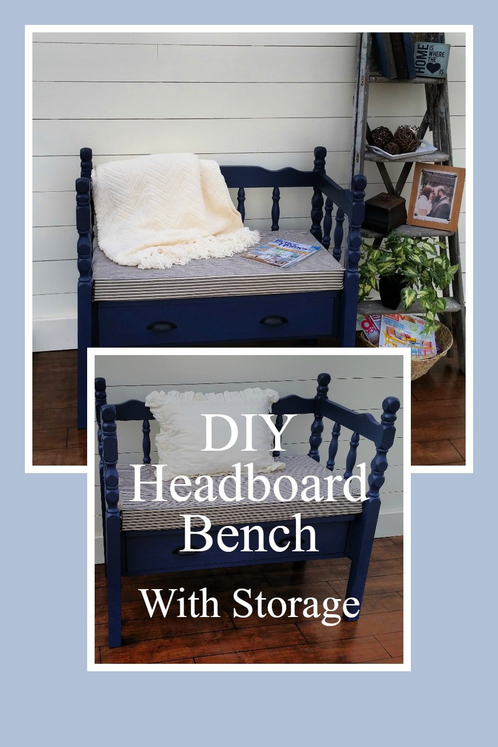 How to make a twin headboard bench with storage. Upcycled headboard and an old drawer joined together into a new useful storage bench. #MyRepurposedLife #upcycle #headboard #bench via @repurposedlife