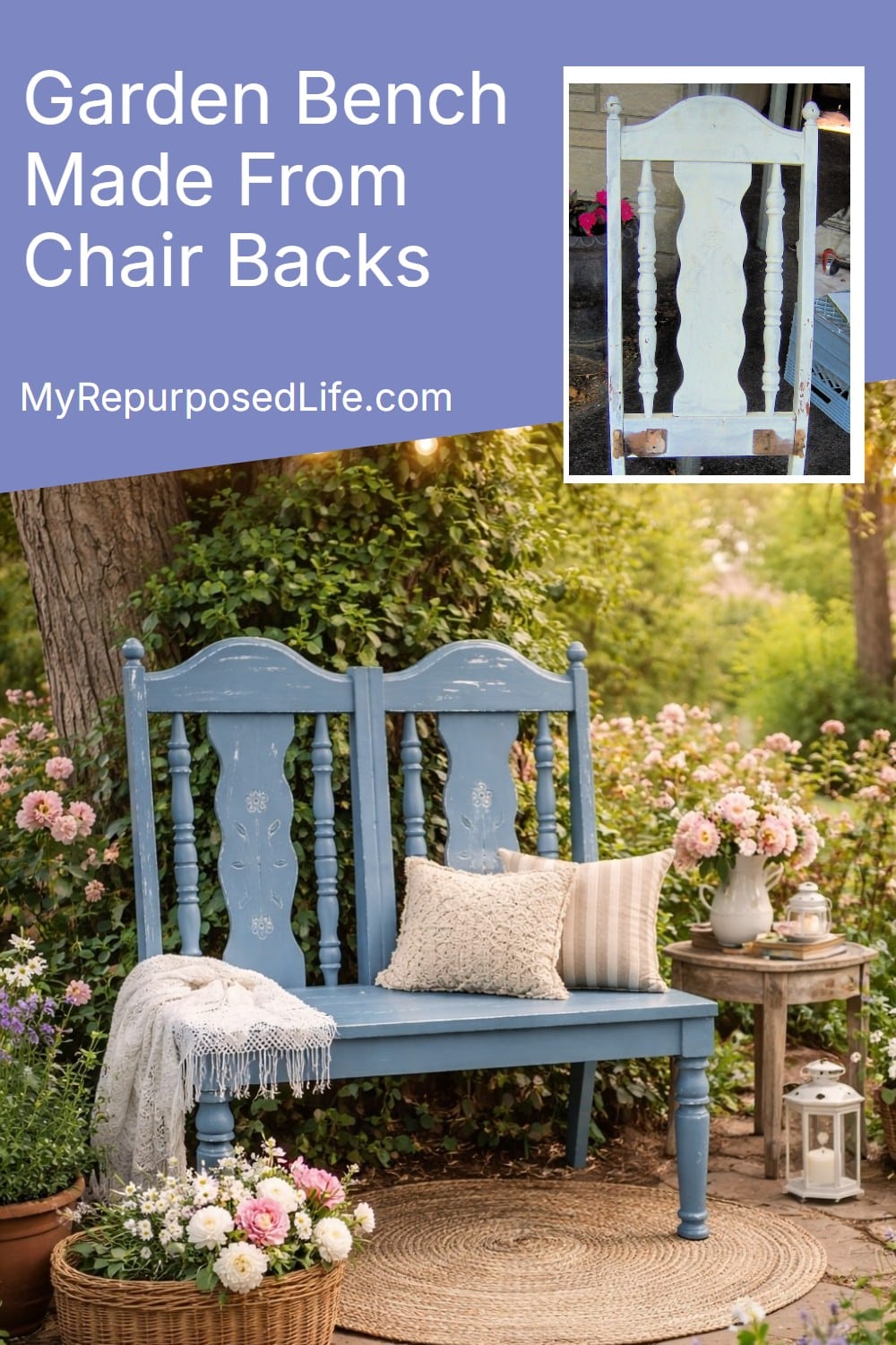 make a blue garden bench from old chairs