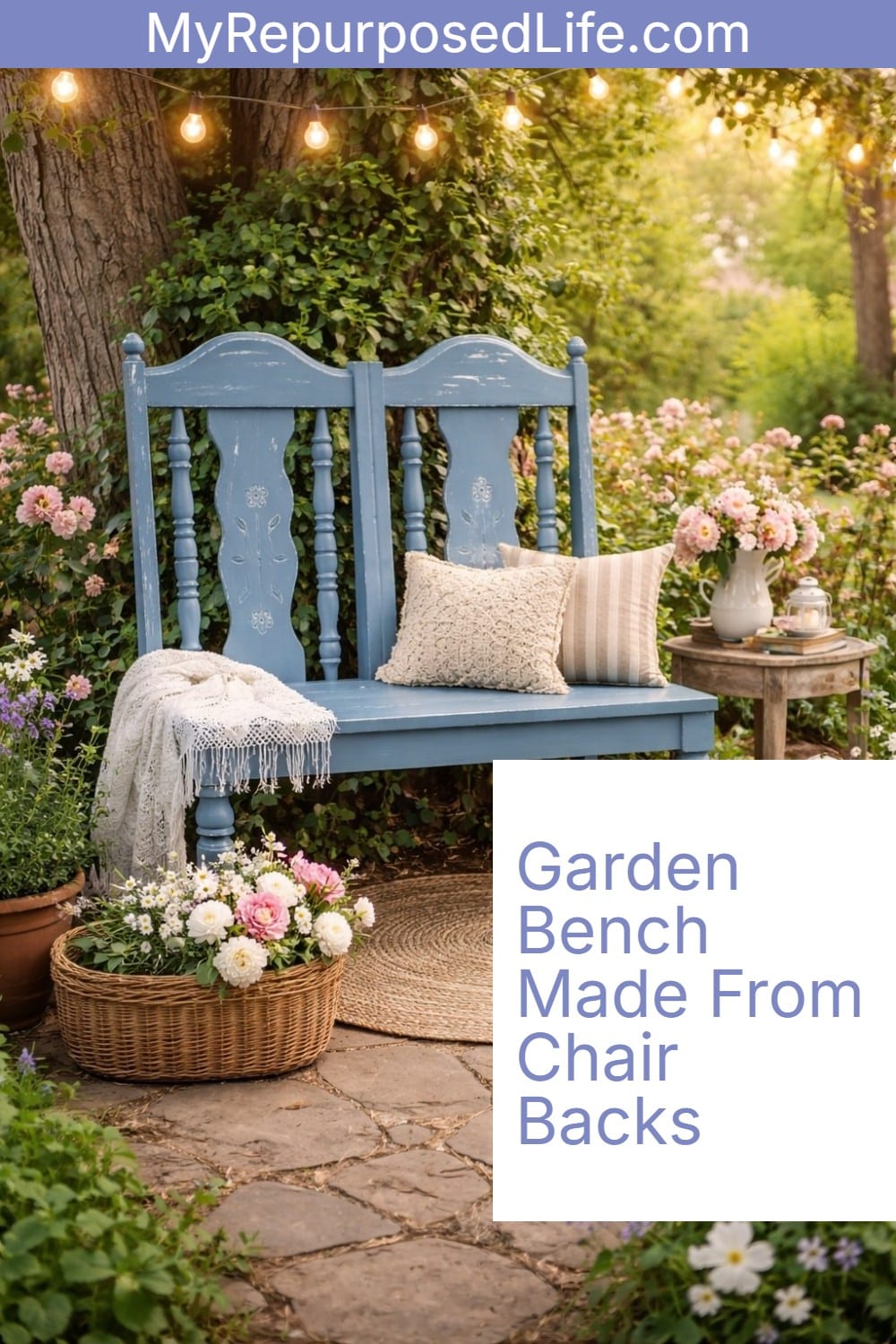 How to make a sweet garden bench from reclaimed chairs. This garden bench was changed up and I love the new look! #myrepurposedlife #repurposed #furniture #chair #garden #bench #plantstand via @repurposedlife