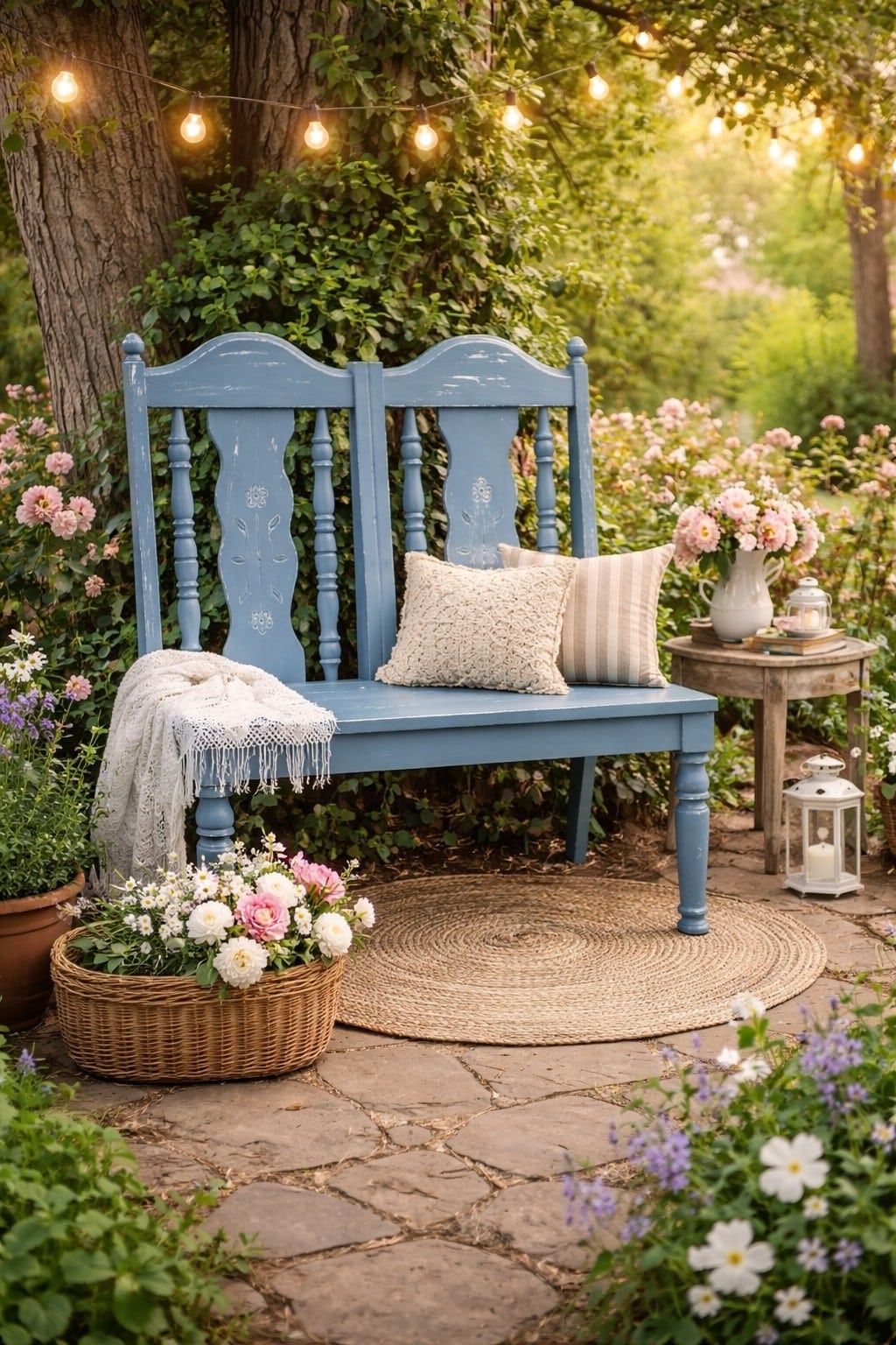 pretty blue bench made from chair backs
