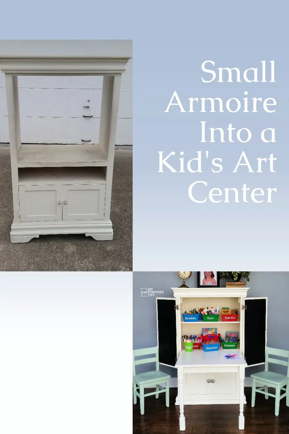 How to make a kids art desk out of an old armoire. This art desk has a unique fold down desk with lots of storage for all the needed art supplies. #myrepurposedlife #repurposed #armoire #furniture #kids #desk #artcenter via @repurposedlife