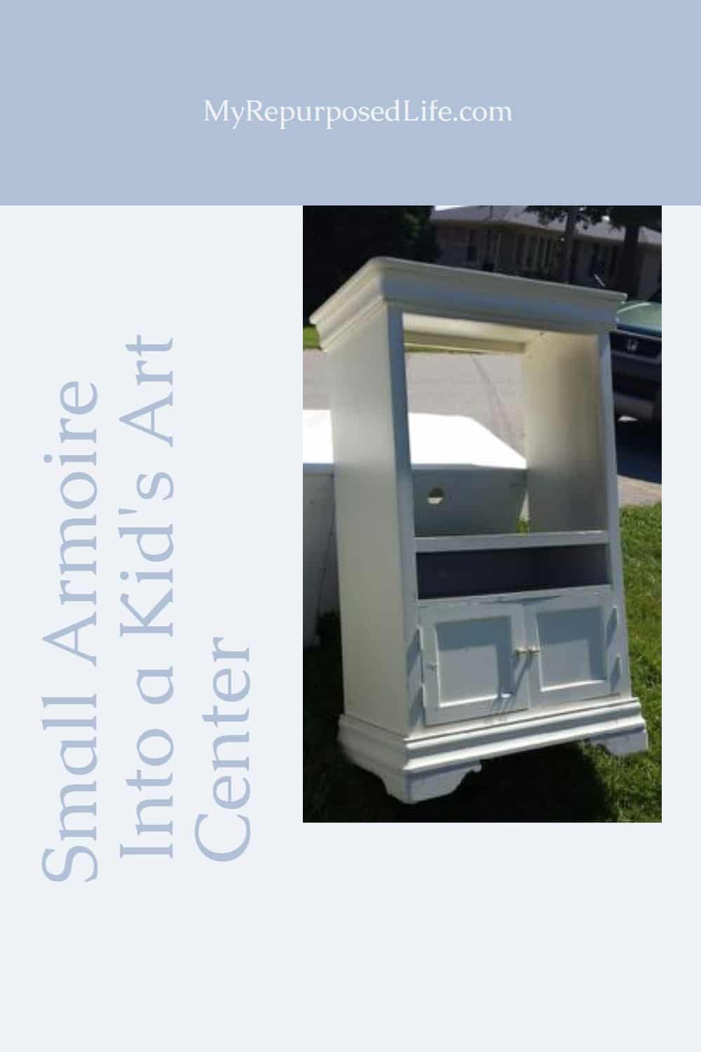 How to make a kids art desk out of an old armoire. This art desk has a unique fold down desk with lots of storage for all the needed art supplies. #myrepurposedlife #repurposed #armoire #furniture #kids #desk #artcenter via @repurposedlife