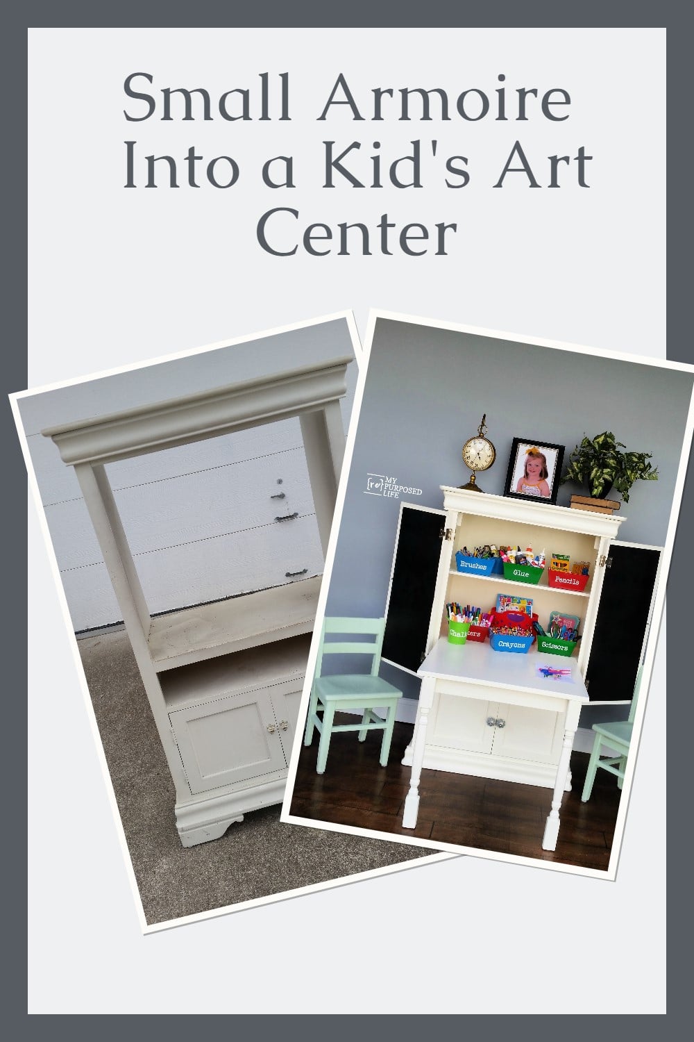 How to make a kids art desk out of an old armoire. This art desk has a unique fold down desk with lots of storage for all the needed art supplies. #myrepurposedlife #repurposed #armoire #furniture #kids #desk #artcenter via @repurposedlife