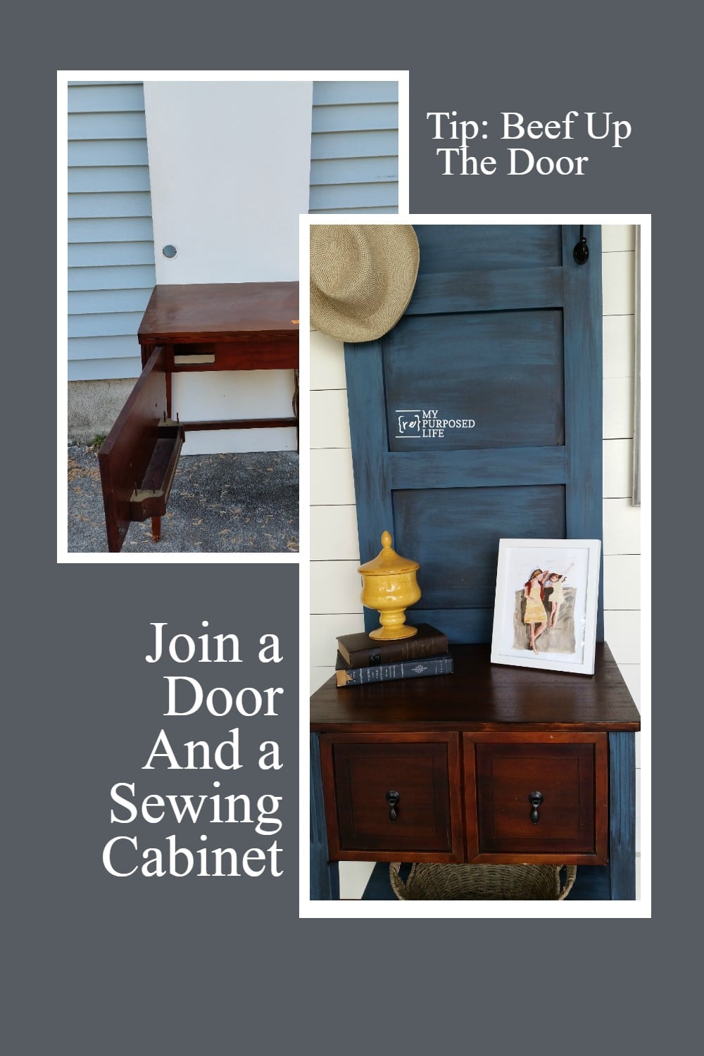 How to make a DIY hall tree table out of an old door and a sewing cabinet. I used a hollow door and trimmed it out with some boards to add more character. #MyRepurposedLife #repurposed #furniture #sewingcabinet #halltree #diy via @repurposedlife