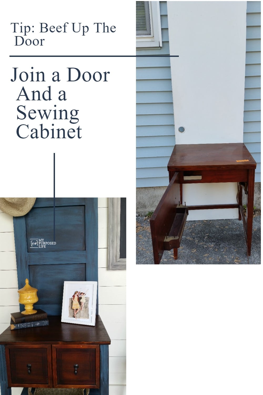 How to make a DIY hall tree table out of an old door and a sewing cabinet. I used a hollow door and trimmed it out with some boards to add more character. #MyRepurposedLife #repurposed #furniture #sewingcabinet #halltree #diy via @repurposedlife