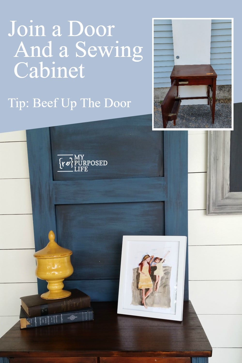 How to make a DIY hall tree table out of an old door and a sewing cabinet. I used a hollow door and trimmed it out with some boards to add more character. #MyRepurposedLife #repurposed #furniture #sewingcabinet #halltree #diy via @repurposedlife