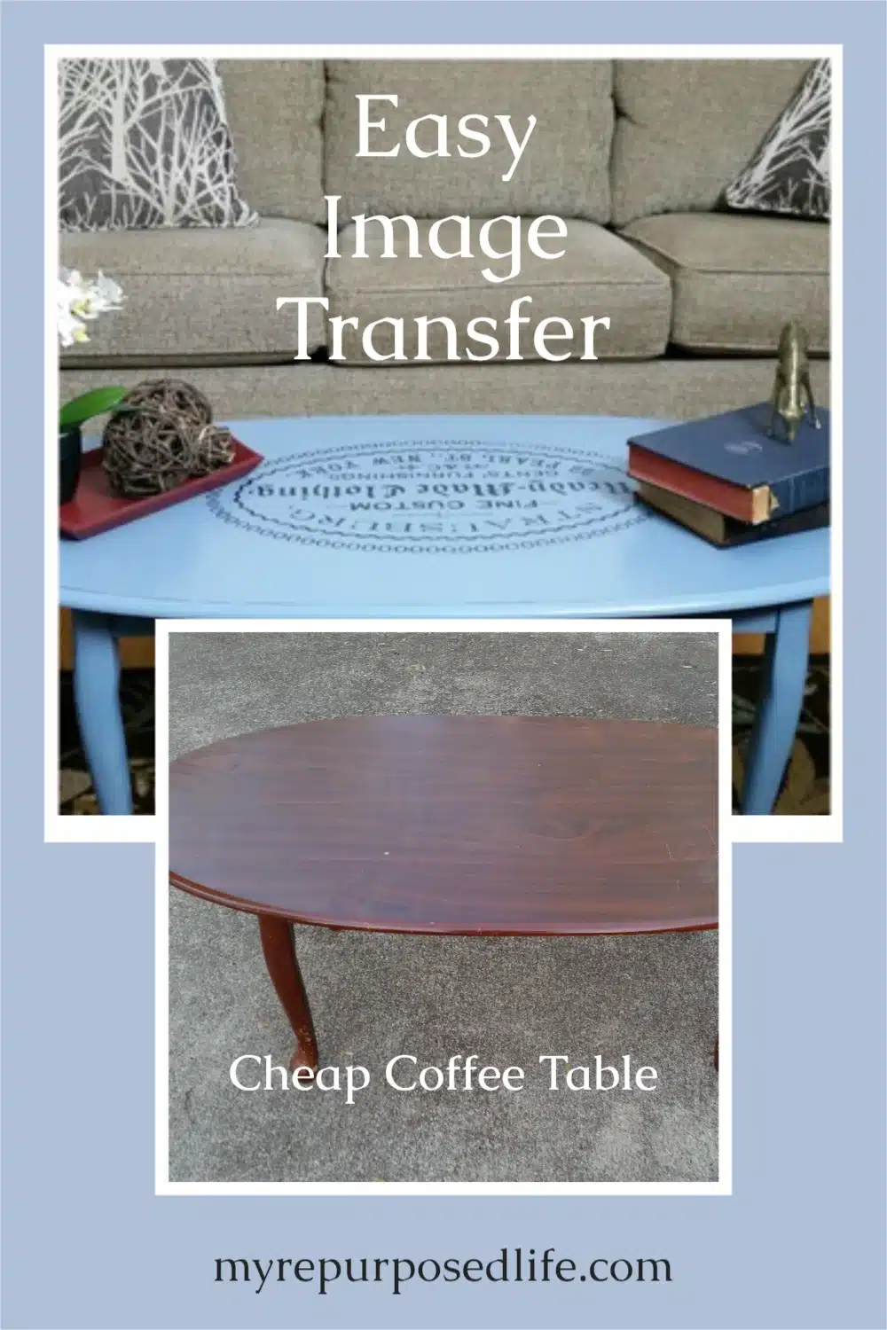 I did an easy image transfer on an old coffee table using 1Gel from Heirloom Traditions Paint. Transferring images is a fun way to update old furniture. via @repurposedlife