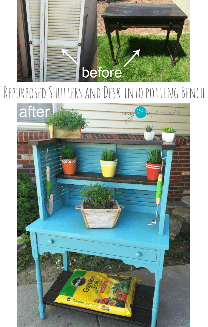 Repurposed Shutters and desk into potting bench