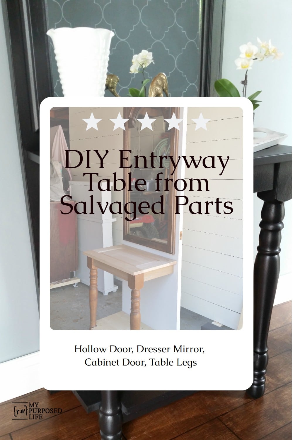 black entryway table made from salvaged parts