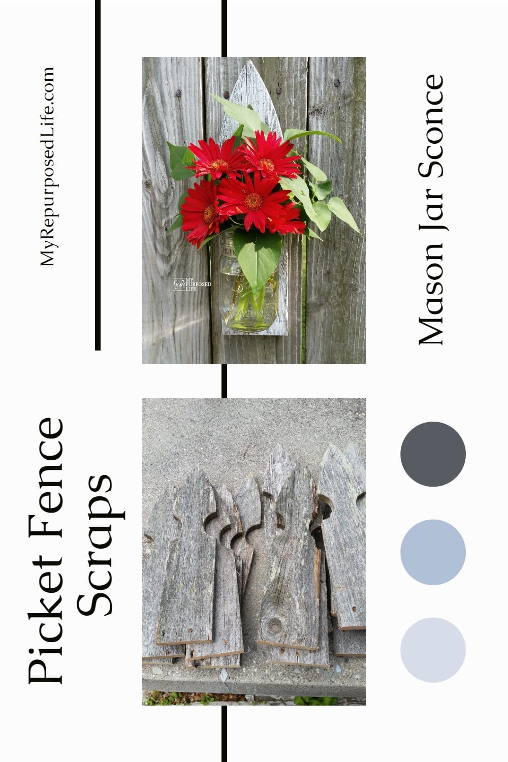 Use reclaimed wood such as picket fence to make mason jar vases and sconces. Perfect for outdoor entertaining. via @repurposedlife