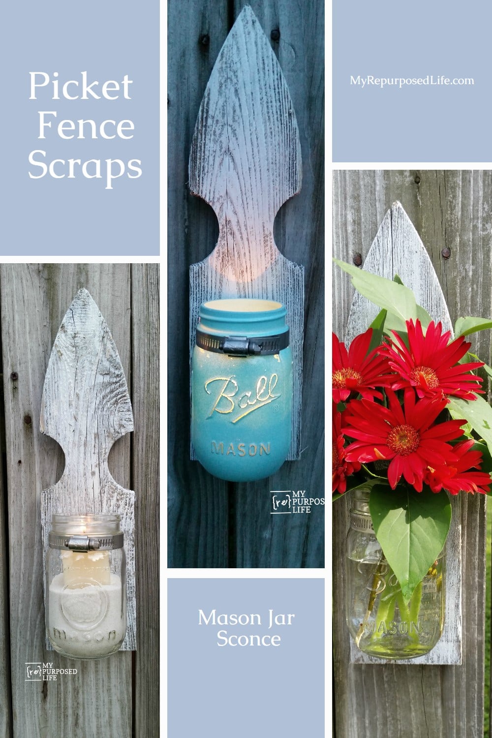 Use reclaimed wood such as picket fence to make mason jar vases and sconces. Perfect for outdoor entertaining. via @repurposedlife