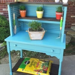 shutters and desk repurposed into potting bench