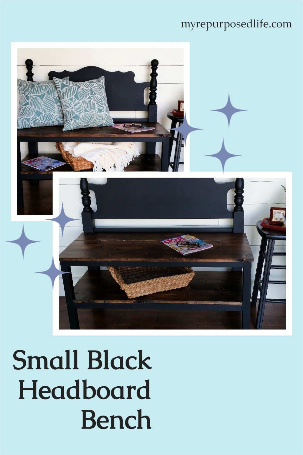 how to make a small black bench for your entryway or end of the bed out of an old, unwanted headboard. Step by step directions so you can make one too. #myrepurposedlife #upcycle #repurpose #headboard #bench #tutorial via @repurposedlife