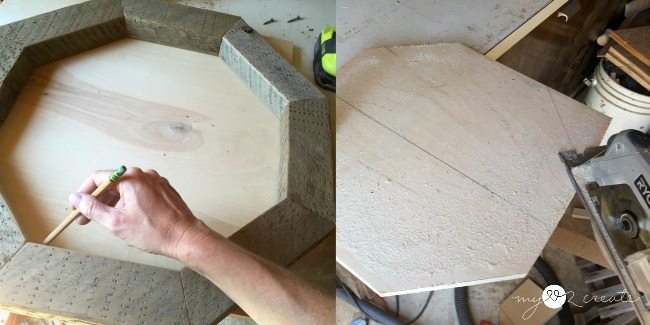 using octagon frame to trace and cut a plywood center piece