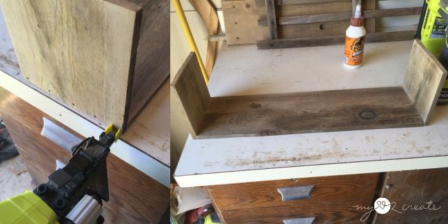 attaching ends of crate to bottom board with glue and nails